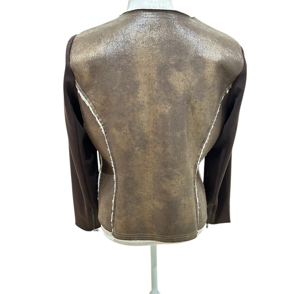 G by Giuliani metallic Brown Shearling zip up moto Jacket Ponte knit size large - Picture 11 of 13